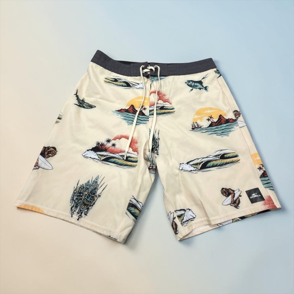 O'Neill Hyperfreak Board Shorts Mens 30 Cream Monkey Surf Tropical Stretch 18.5"